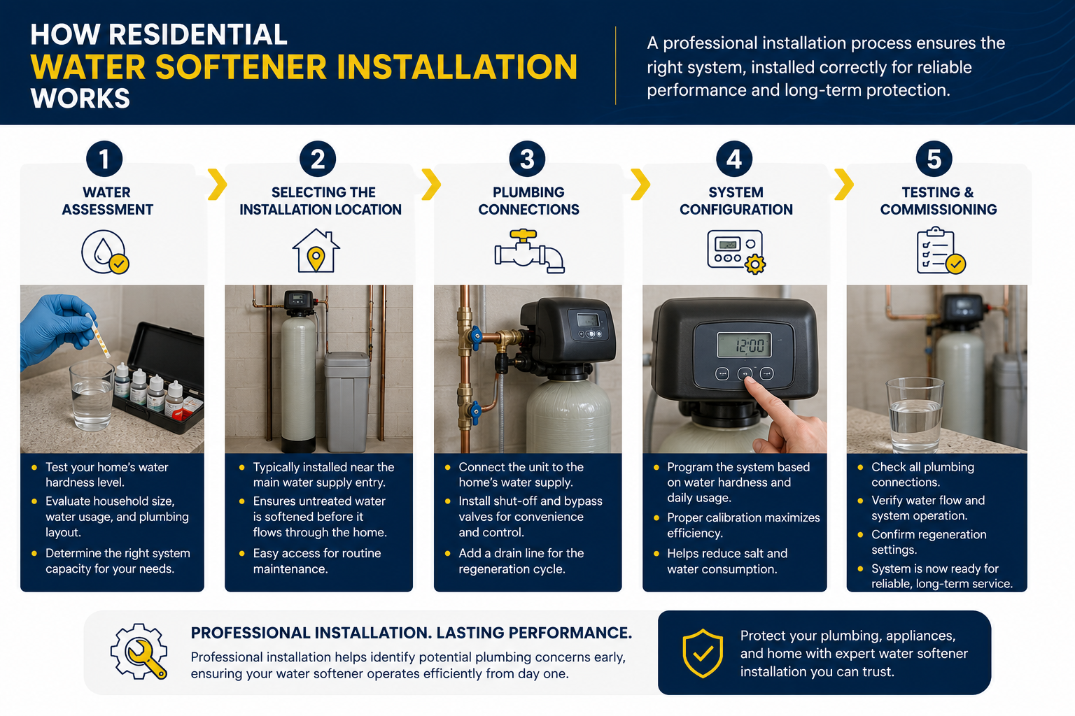 Residential water softener installation process: water assessment, location, plumbing, setup, and system testing.